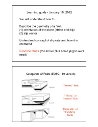 Describe the Geometry of a Fault (1) Orientation of the Plane (Strike and Dip) (2) Slip Vector