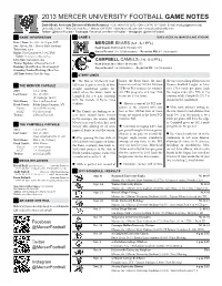 2013 Mercer University Football Game Notes