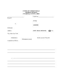 ANSWER ______Defendant ______Address JURY TRIAL DEMAND Yes ______City, State, Zip Code