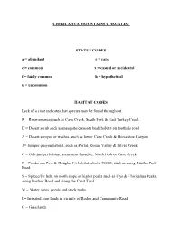 CHIRICAHUA MOUNTAINS CHECKLIST STATUS CODES A