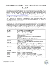Guide to Out-Of-State English Learner Authorizations/Endorsements June