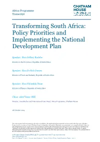 Transforming South Africa: Policy Priorities and Implementing the National Development Plan