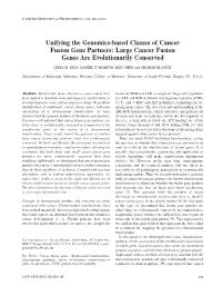 Unifying the Genomics-Based Classes of Cancer Fusion Gene Partners: Large Cancer Fusion Genes Are Evolutionarily Conserved