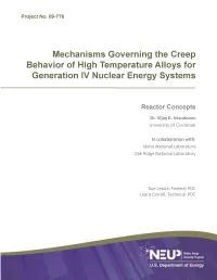 Mechanisms Governing the Creep Behavior of High Temperature Alloys for Generation IV Nuclear Energy Systems