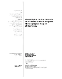 Geomorphic Characteristics of Streams in the Bluegrass Physiographic Region of Kentucky