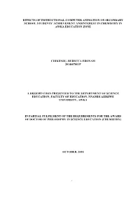 Effects of Instructional Computer Animation on Secondary School Students’ Achievement Andinterest in Chemistry in Awka Education Zone