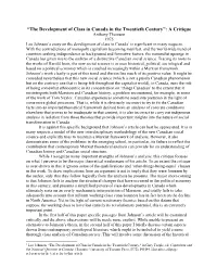 The Development of Class in Canada in the Twentieth