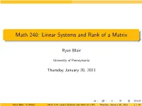 Math 240: Linear Systems and Rank of a Matrix