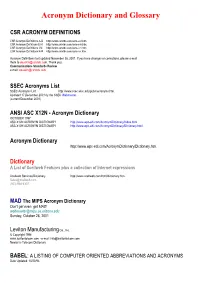 Acronym Dictionary and Glossary