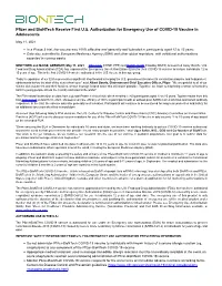 Pfizer and Biontech Receive First U.S. Authorization for Emergency Use of COVID-19 Vaccine in Adolescents