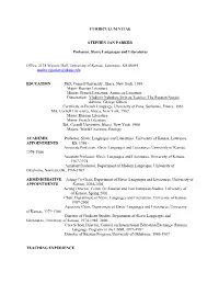 CURRICULUM VITAE STEPHEN JAN PARKER Professor, Slavic