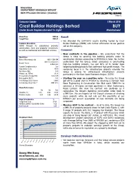 Crest Builder Holdings Berhad BUY Order Book Replenishment in Sight Maintained
