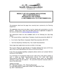 Weekly List of Planning Applications and Other Proposals Received by the Council 01 September 2014 to 07 September 2014