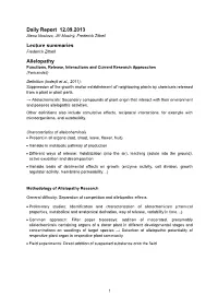 Daily Report 12.09.2013 Lecture Summaries Allelopathy