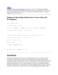 Indigenous Knowledge, Biodiversity Conservation and Development Introduction