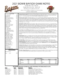 2021 BOWIE BAYSOX GAME NOTES Tuesday, May 4, 2021 - 6:00 P.M