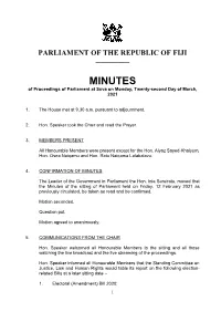 MINUTES of Proceedings of Parliament at Suva on Monday, Twenty-Second Day of March, 2021