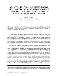 Academic Freedom and Institutional Autonomy in American and Australian Universities: a Twenty-First Century Dialogue and a Call to Leaders