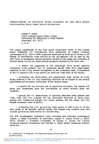 Observations of Neutron Stars Planned by the High Speed Photometer Team Using Space Telescope
