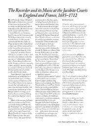 The Recorder and Its Music at the Jacobite Courts in England And