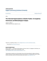 The Historical Superscriptions of Davidic Psalms: an Exegetical, Intertextual, and Methodological Analysis