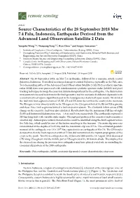 Source Characteristics of the 28 September 2018 Mw 7.4 Palu, Indonesia, Earthquake Derived from the Advanced Land Observation Satellite 2 Data