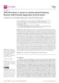 Milk Microbiota: a Source of Antimicrobial-Producing Bacteria with Potential Application in Food Safety †