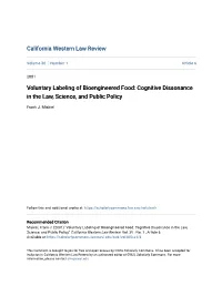 Voluntary Labeling of Bioengineered Food: Cognitive Dissonance in the Law, Science, and Public Policy