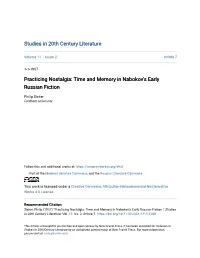 Practicing Nostalgia: Time and Memory in Nabokov's Early Russian Fiction