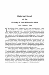 Historical Sketch of the Oratory of Don Bosco in Malta Paul Formosa, SDB