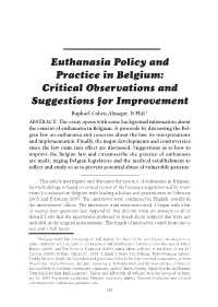 Euthanasia Policy and Practice in Belgium: Critical Observations And