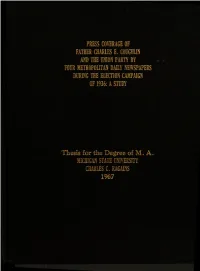 Press Coverage of Father Charles E. Cougiilin and the Union Party by