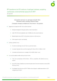 BP Transforms Its US Onshore Oil and Gas Business, Acquiring World-Class Unconventional Assets from BHP 26 July 2018