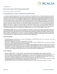 Acacia Mining Plc (“Acacia’’) Reports Full Year 2018 Results