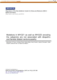 Mutations in MYOZ1 As Well As MYOZ2 Encoding the Calsarcins Are Not Associated with Idiopathic and Familial Dilated Cardiomyopathy