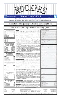 Rockies Game Notes