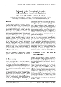 Automatic Model Conversion to Modelica for Dymola-Based Mechatronic Simulation