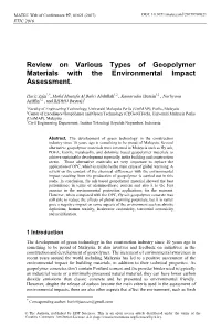 Review on Various Types of Geopolymer Materials with the Environmental Impact Assessment