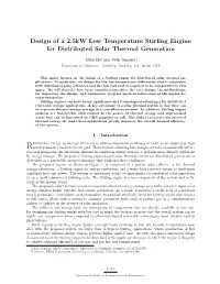 Design of a 2.5Kw Low Temperature Stirling Engine for Distributed Solar Thermal Generation