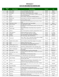 Annexure I LIST of DESIGNATED BRANCHES