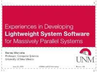 Experiences in Developing Lightweight System Software for Massively Parallel Systems