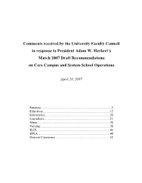 Comments Received by the University Faculty Council in Response to President Adam W