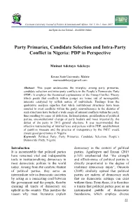 Party Primaries, Candidate Selection and Intra-Party Conflict in Nigeria: PDP in Perspective