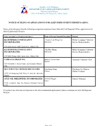 Notice of Filing of Application/S for Alien Employment Permit/S (Aep/S)