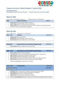 Program Overview „Global Solutions“ Summit 2019 Overarching Theme: Recoupling Social and Economic Progress — Towards a New International Paradigm
