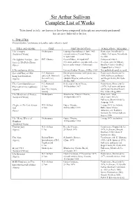 Sir Arthur Sullivan Complete List of Works