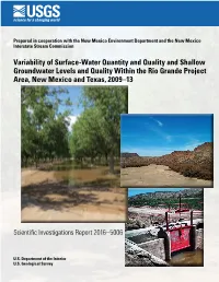 Variability of Surface-Water Quantity and Quality and Shallow Groundwater Levels and Quality Within the Rio Grande Project Area, New Mexico and Texas, 2009–13