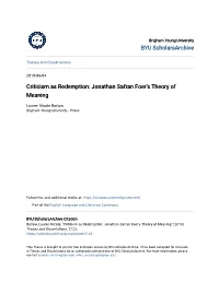 Criticism As Redemption: Jonathan Safran Foer's Theory of Meaning