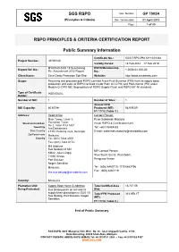 SGS RSPO RSPO PRINCIPLES & CRITERIA CERTIFICATION REPORT Public Summary Information