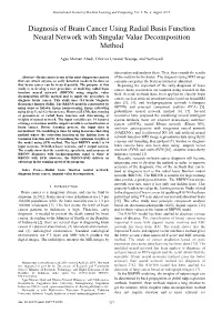 Diagnosis of Brain Cancer Using Radial Basis Function Neural Network with Singular Value Decomposition Method